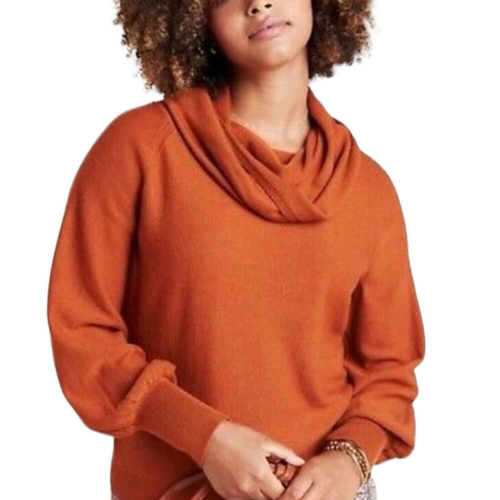 Anthropologie Jolene Burnt Orange Merino Wool Cowl Neck Cropped Sweater Sz Small